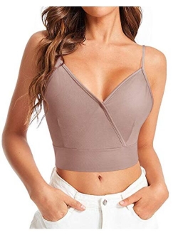 Women's Casual V Neck Front Wrap Crop Cami Top Spaghetti Strap Shirts