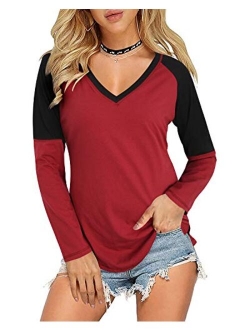 Casual Tops for Women Short/Long Sleeve T Shirts Blouse V-Neck Color Block Tunic Tops