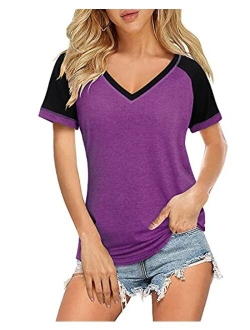 Casual Tops for Women Short/Long Sleeve T Shirts Blouse V-Neck Color Block Tunic Tops