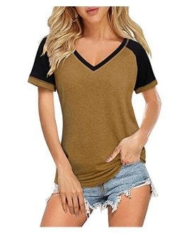 Casual Tops for Women Short/Long Sleeve T Shirts Blouse V-Neck Color Block Tunic Tops