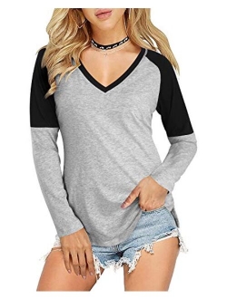 Casual Tops for Women Short/Long Sleeve T Shirts Blouse V-Neck Color Block Tunic Tops