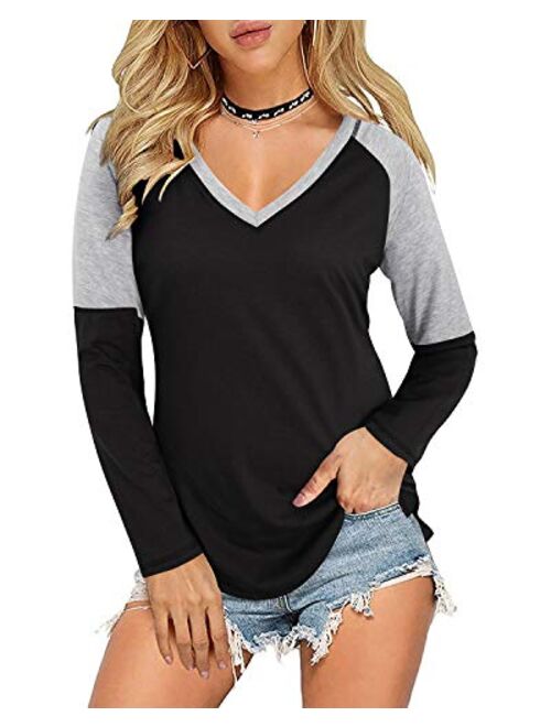 ULTRANICE Casual Tops for Women Short/Long Sleeve T Shirts Blouse V-Neck Color Block Tunic Tops