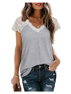 Women's V Neck Lace Tank Tops Summer Casual Sleeveless Blouse Shirts