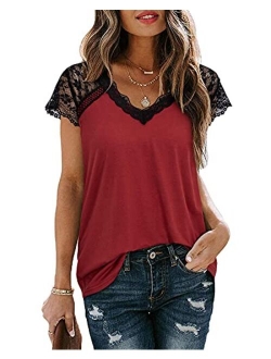 Women's V Neck Lace Tank Tops Summer Casual Sleeveless Blouse Shirts