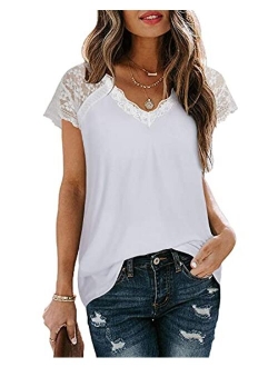 Women's V Neck Lace Tank Tops Summer Casual Sleeveless Blouse Shirts