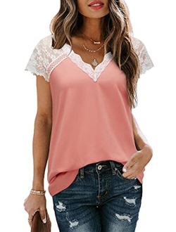 Women's V Neck Lace Tank Tops Summer Casual Sleeveless Blouse Shirts