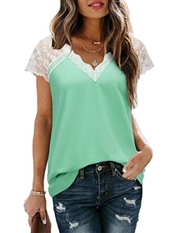 Women's V Neck Lace Tank Tops Summer Casual Sleeveless Blouse Shirts