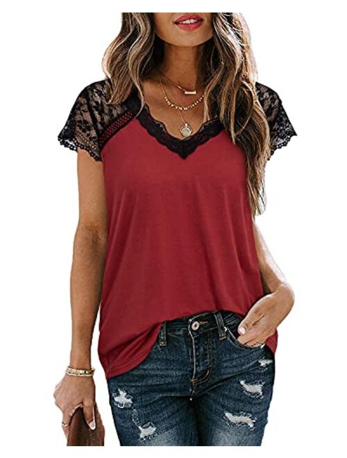 ULTRANICE Women's V Neck Lace Tank Tops Summer Casual Sleeveless Blouse Shirts