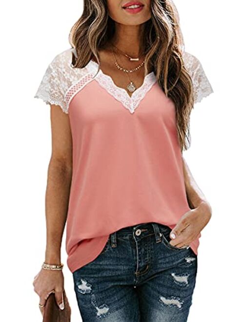 ULTRANICE Women's V Neck Lace Tank Tops Summer Casual Sleeveless Blouse Shirts