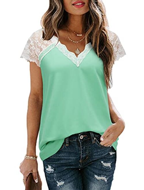 ULTRANICE Women's V Neck Lace Tank Tops Summer Casual Sleeveless Blouse Shirts