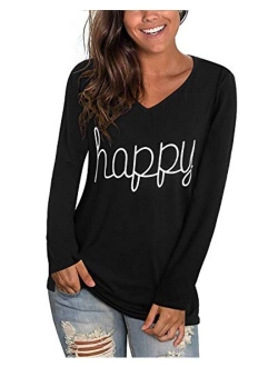 Women's Casual V Neck Long Sleeve T Shirts Graphic Tee