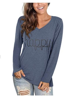 Women's Casual V Neck Long Sleeve T Shirts Graphic Tee