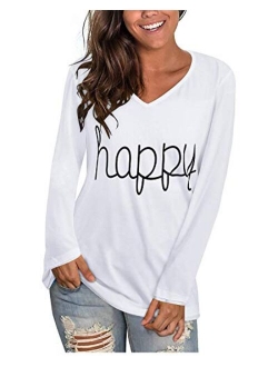 Women's Casual V Neck Long Sleeve T Shirts Graphic Tee