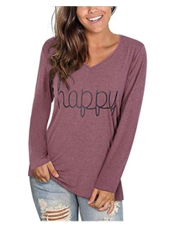 Women's Casual V Neck Long Sleeve T Shirts Graphic Tee