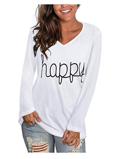 ULTRANICE Women's Casual V Neck Long Sleeve T Shirts Graphic Tee