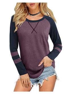 Women's Color Block Long Sleeve Tunic Tops Casual Shirts Round Neck Blouse