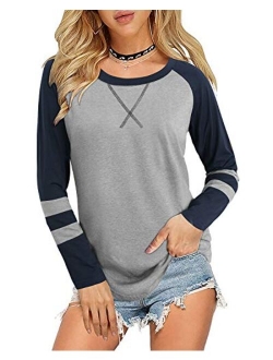 Women's Color Block Long Sleeve Tunic Tops Casual Shirts Round Neck Blouse