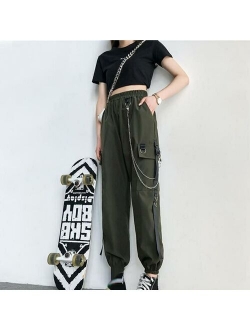 YBYR Women Cargo Pants 2021 Harem Pants Fashion Punk Pockets Jogger Trousers With Chain Harajuku Elastics High Waist Streetwear