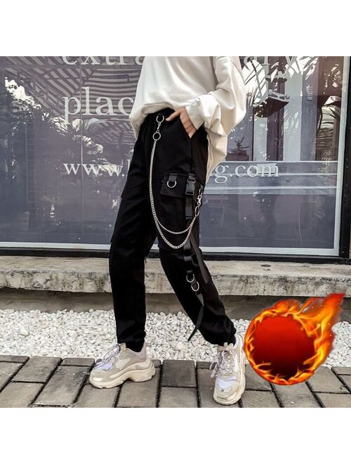 YBYR Women Cargo Pants 2021 Harem Pants Fashion Punk Pockets Jogger Trousers With Chain Harajuku Elastics High Waist Streetwear