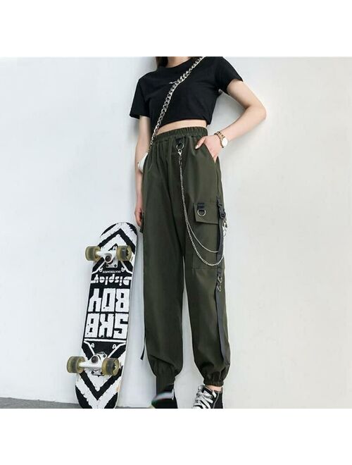 YBYR Women Cargo Pants 2021 Harem Pants Fashion Punk Pockets Jogger Trousers With Chain Harajuku Elastics High Waist Streetwear