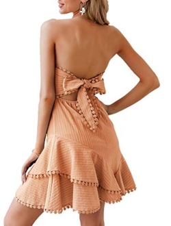 Women's Strapless Ruffle A-line Dress Striped Tie Back Dress