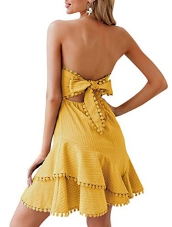 Women's Strapless Ruffle A-line Dress Striped Tie Back Dress