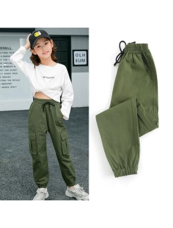 Pants for Kids Girls Cargo Pants Pure Color Trousers Pocket Loose Sport Pants High Waist Elastic Children Casual Running Pants