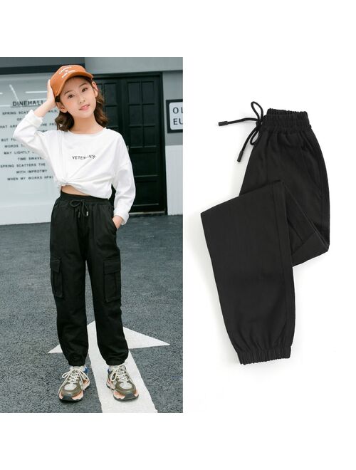 Pants for Kids Girls Cargo Pants Pure Color Trousers Pocket Loose Sport Pants High Waist Elastic Children Casual Running Pants