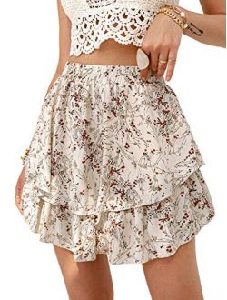 Miessial Women's Boho Floral Print Ruffle Mini Skirts Cute High Waist A-Line Short Skirts