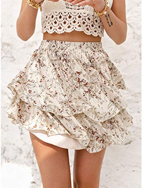 Miessial Women's Boho Floral Print Ruffle Mini Skirts Cute High Waist A-Line Short Skirts