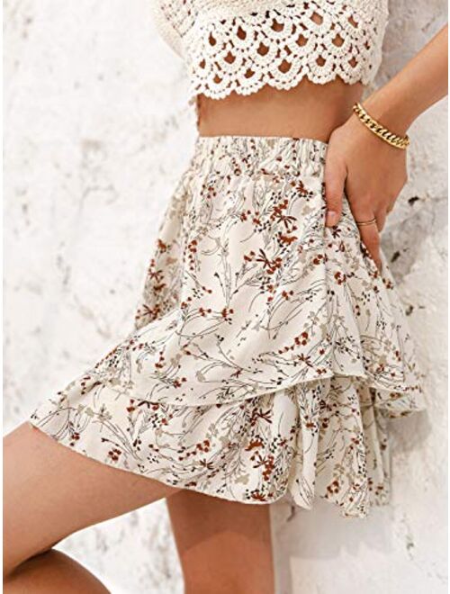 Miessial Women's Boho Floral Print Ruffle Mini Skirts Cute High Waist A-Line Short Skirts