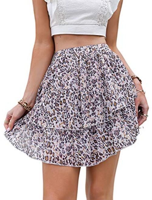 Miessial Women's Boho Floral Print Ruffle Mini Skirts Cute High Waist A-Line Short Skirts