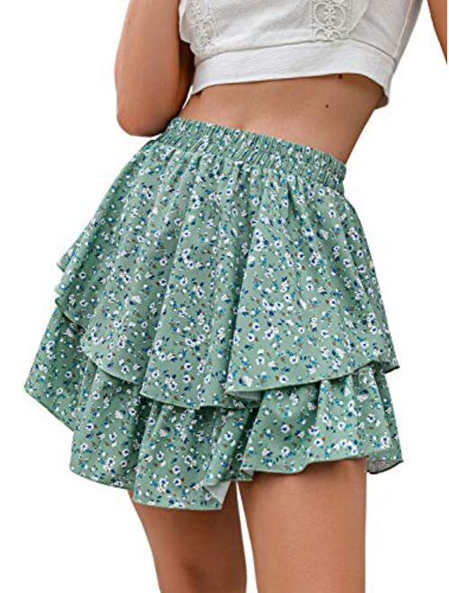 Miessial Women's Boho Floral Print Ruffle Mini Skirts Cute High Waist A-Line Short Skirts