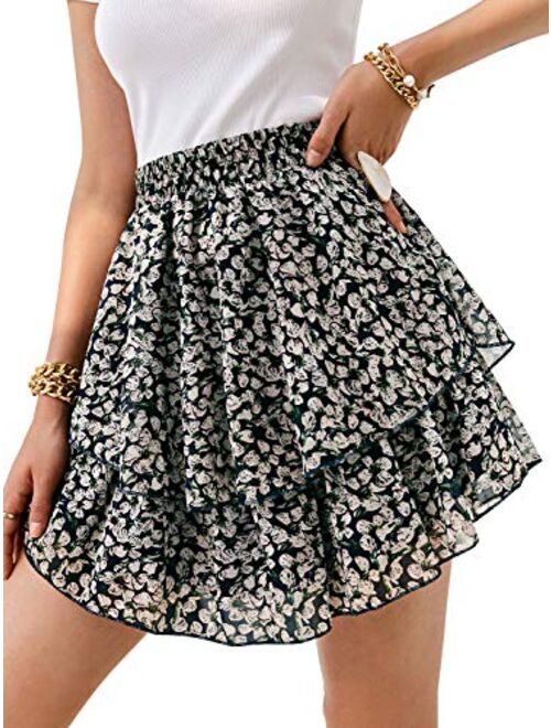 Miessial Women's Boho Floral Print Ruffle Mini Skirts Cute High Waist A-Line Short Skirts