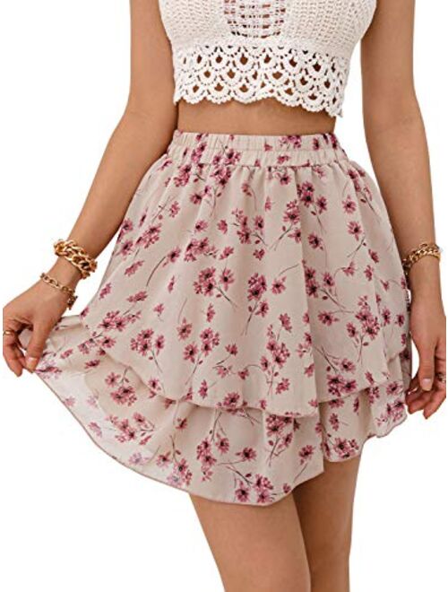 Miessial Women's Boho Floral Print Ruffle Mini Skirts Cute High Waist A-Line Short Skirts