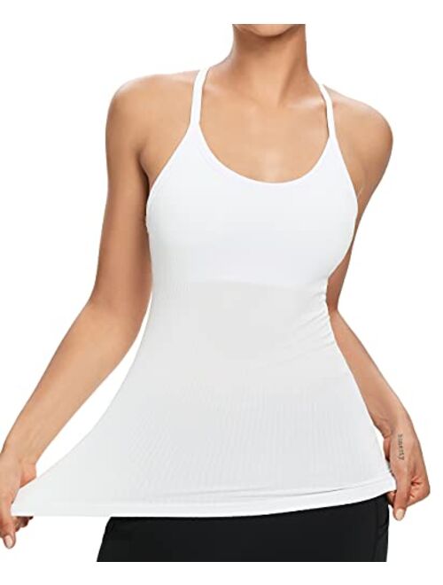 ANGOOL Workout Tank Tops for Women with Built in Bra, Ribbed Knit Camisole Sports Shirts for Yoga Running