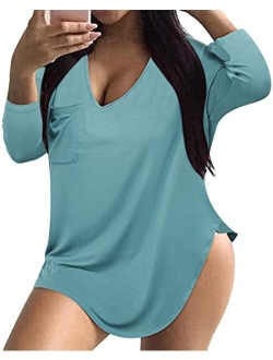 Womens Casual Scoop Neck Plus Size Tshirt 3/4 Sleeve Tops Tee with Pocket