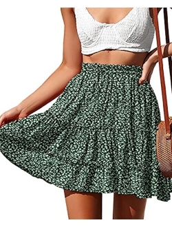 NASHALYLY Women's Summer Boho Floral Print Mini Skirt High Waist Drawstring Tiered Skirts