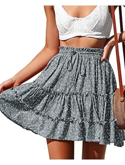 NASHALYLY Women's Summer Boho Floral Print Mini Skirt High Waist Drawstring Tiered Skirts