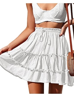 NASHALYLY Women's Summer Boho Floral Print Mini Skirt High Waist Drawstring Tiered Skirts