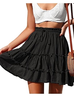 NASHALYLY Women's Summer Boho Floral Print Mini Skirt High Waist Drawstring Tiered Skirts