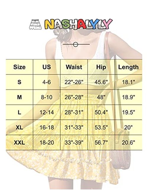 NASHALYLY Women's Summer Boho Floral Print Mini Skirt High Waist Drawstring Tiered Skirts