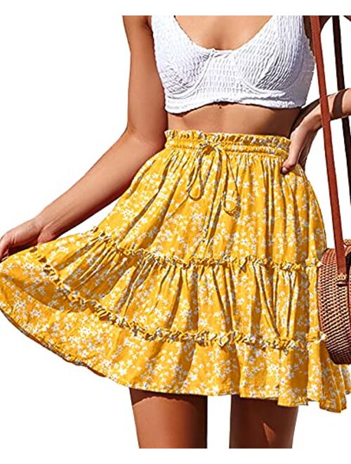 NASHALYLY Women's Summer Boho Floral Print Mini Skirt High Waist Drawstring Tiered Skirts