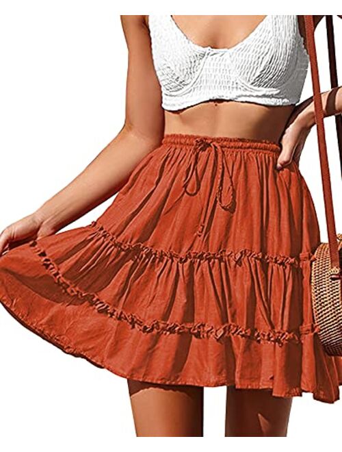 NASHALYLY Women's Summer Boho Floral Print Mini Skirt High Waist Drawstring Tiered Skirts