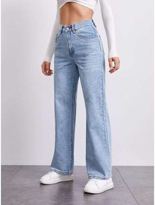 SHEIN BASICS Stone Wash Middle-Waisted Straight Jeans