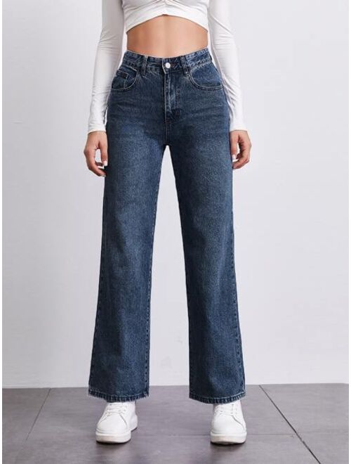 SHEIN BASICS Stone Wash Middle-Waisted Straight Jeans