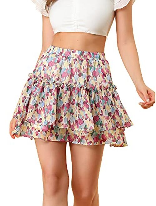 Allegra K Women's Floral Tiered Ruffle Skirts Cute Summer Mini Skirt