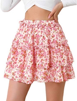 Women's Layered Ruffle Hem Elastic Waist A-Line Skater Floral Mini Skirt