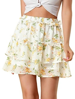 Women's Layered Ruffle Hem Elastic Waist A-Line Skater Floral Mini Skirt