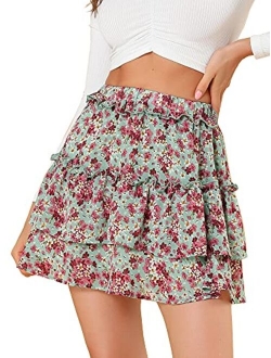 Women's Layered Ruffle Hem Elastic Waist A-Line Skater Floral Mini Skirt